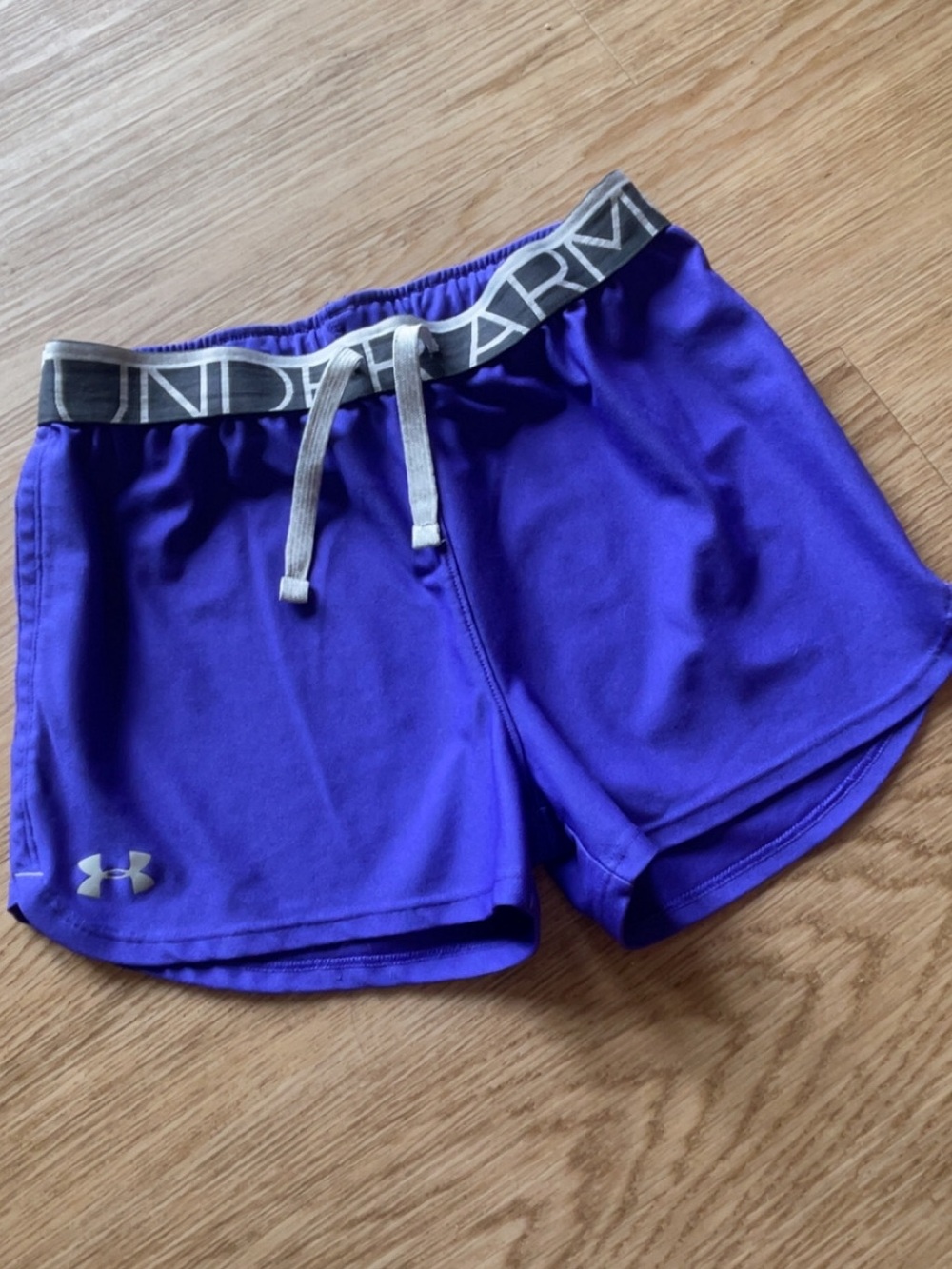 Under Armour Girls Purple Athletic Shorts with Gray Logo Waistband